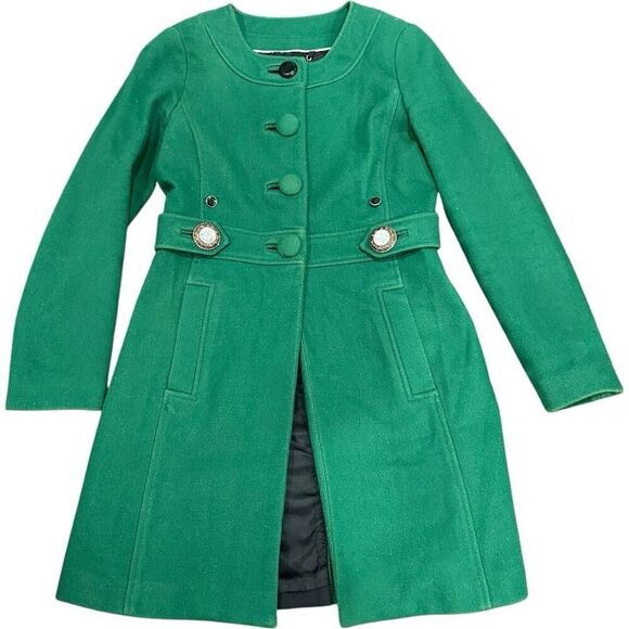 BANANA REPUBLIC Kelly Green Wool Trench Coat Jacket Embellished Buttons Work Pro - Picture 1 of 10